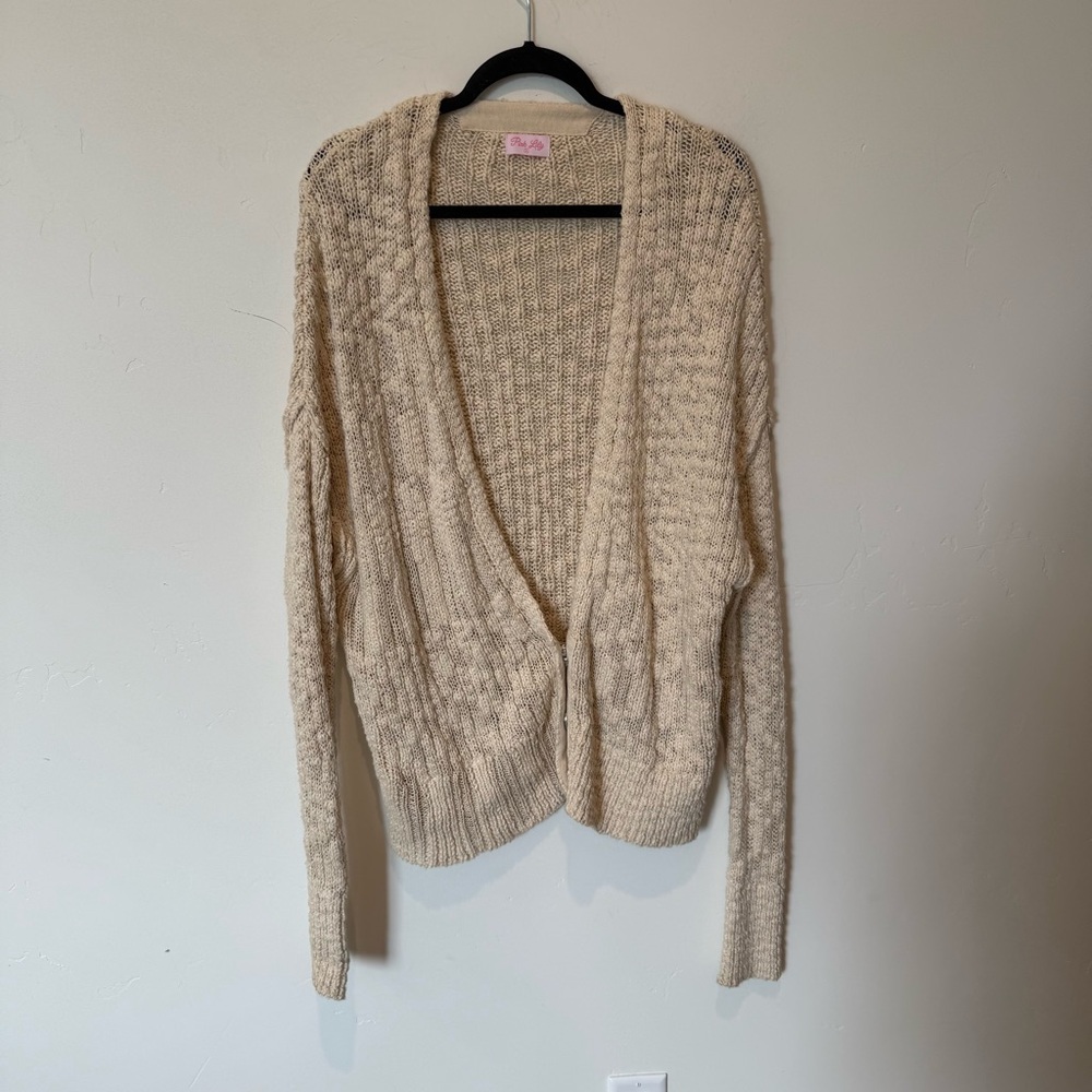 Pink Lily Cream Knit Oversized Boho Cardigan Womens Size Medium Cotton Casual